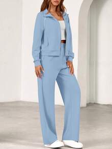 Womens 2 Piece Outfits Sweatsuits  Fall Full Zip Sweatshirts Workout Pants Matching Lounge Sets Tracksuits - xanh nhạt - Xem 3
