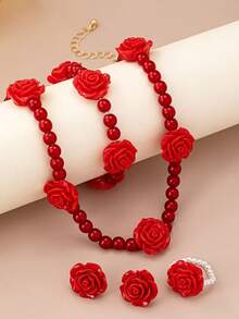 5件套亚克力玫瑰串珠项链、手链、耳环、戒指套装，简约复古优雅时尚配饰，适合作为礼物、参加派对、宴会和日常佩戴 - 紅色 - 查看 4