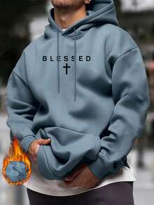 Zrgoth Sudadera con capucha con forro térmico y estampado de eslogan casual y sencilla para hombre, otoño/invierno - Celeste - Ver 4