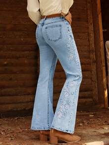 Light Blue High-Waisted Slim Flare Jeans - Western Chic Everyday Casual Pants - Light Wash - View 4