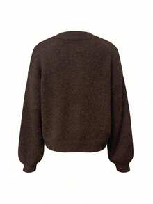 女士秋冬休闲优雅慵懒圆领长袖纽扣开衫毛衣上衣，女士加大码纯色休闲针织开衫，秋冬季，圣诞新年 - 棕色 - 查看 6