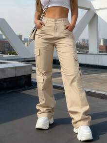 Women's Solid Color High-Waisted Button Cargo Pants, A Must-Have For Christmas; Casual Street Style, Flap-Up Loose Trousers; Fashionable And Versatile For All Seasons. - Màu be - Xem 5