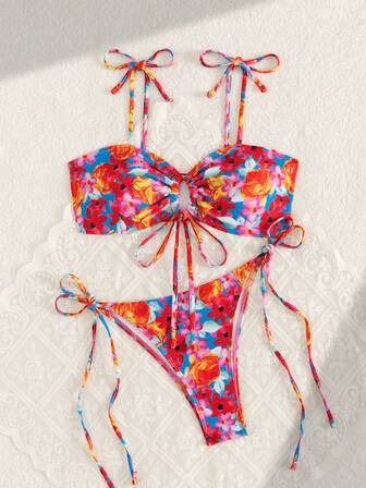 女士印花性感细肩带系带比基尼套装