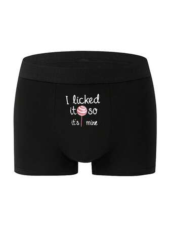 Men's Black Simple Fashion Elastic Letter Print Briefs, Suitable For Daily Wear