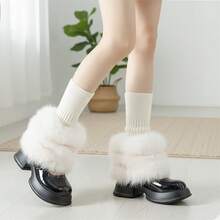Women's Winter Knit Leg Warmers Solid Color Ribbed Furry Patchwork Casual Scrunch Leg Socks Boot Socks - 白色 - 查看 4
