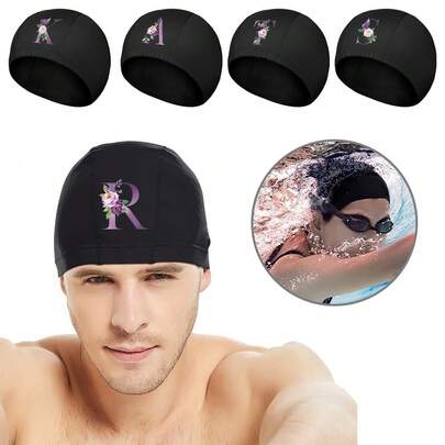 1顶超薄泳帽，均码，简约黑色泳帽，舒适泳帽，男女通用，弹性尼龙材质，保护耳朵，适合长发，游泳爱好者礼物，可定制26个字母的首字母图案