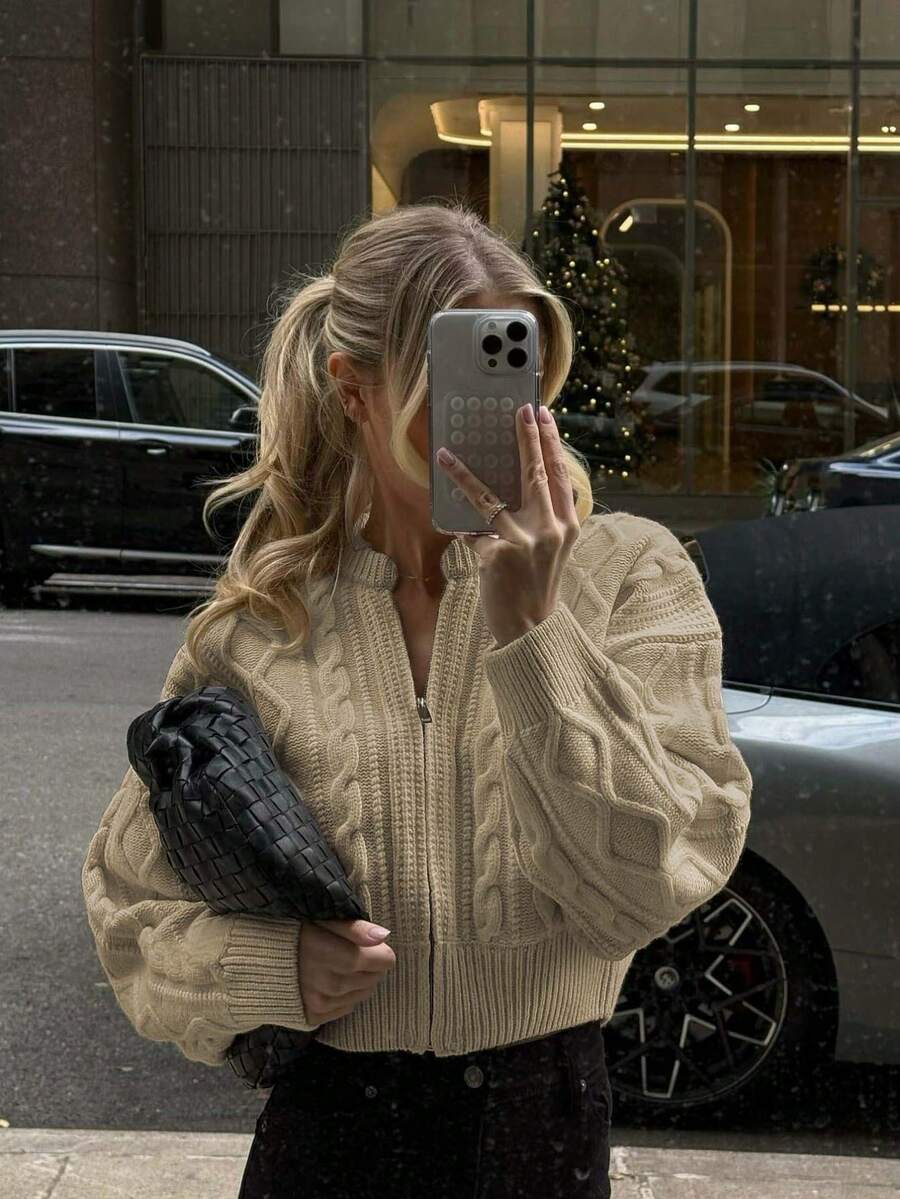 Áo cardigan len dệt kim nữ Senya khóa kéo phong cách thường ngày, cổ tròn gân thắt nút xoắn tay dài, dáng rộng, phù hợp mặc hàng ngày, đi làm, công sở, lễ tốt nghiệp, mùa tựu trường, cũng có thể làm áo len mùa đông ngày Valentine cho nữ - Màu be - Xem 1
