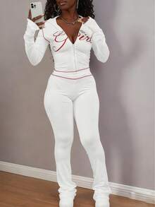 Bộ đồ nữ casual in họa tiết "Girl" gồm áo hoodie và quần dài, kiểu dáng đường phố năng động, tay dài, thích hợp mặc đi dự tiệc và tụ họp, màu trắng thu xuân. - trắng - Xem 4