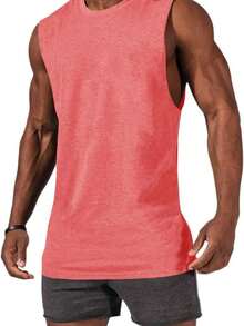 Men's Solid Color Loose Fit Sleeveless Crewneck Tank Top Casual & Comfortable For Daily Wear - Red - View 5