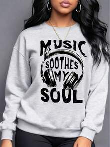 Moletom feminino plus size com estampa de letras, estilo casual Y2K, modelagem solta, gola redonda, manga longa e forro térmico, perfeito para outono/inverno.