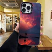 Cubierta de telefono con diseño de puesta de sol en el lago color morado y naranja con pareja caminando reflejada en agua para uso diario en cafeterias y salas de estar - Negro - Ver 4
