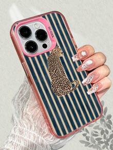 Leopard Pattern With Blue & Beige Stripes Phone Case For IPhone 17, 16, 15, 14, 13, 12, 11, 7, X Series, Latest IMD Technology, Colorful Laser Back Panel, Multiple Colors, Comfortable Gr - Purple - View 2