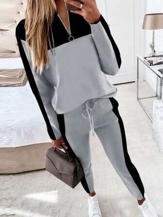 2pcs Set: Casual Color Block Long Sleeve Zip-Up T-Shirt And Pants