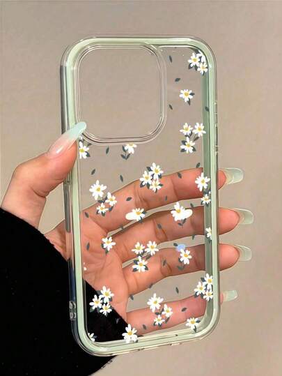 1pc Soft Solid Color Perforated Phone Case, White Flower 2D Print Pattern Mint Green Bumper & Transparent Back Cover Protective Case, Compatible With IPhone 11/12/13/14/15/16/16 Pro Max/12 Pro/13 Pro/14 Pro/15 Pro/16 Pro/14 Plus/15 Plus/16 Plus/12 Pro Max/13 Pro Max/14 Pro Max/15 Pro Max/16 Pro Max, Delicate Floral Design For IPhone 17/17 Pro/17 Pro Max/Air Latest Apple Phones