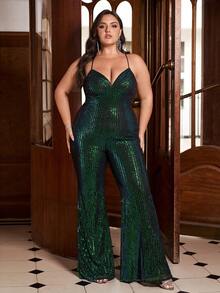 Fuaheng Plus Women's V-Neck Back Straps Design Backless Slim-Fitting Sequin Temperament-Wrap Flared Pants - Green - View 6