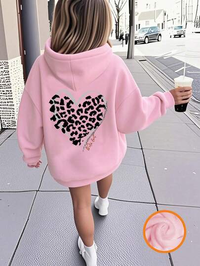 Y2K Leopard Heart, Tween Girls' Casual Fun Pattern Printed Thick Hooded Sweatshirt, Kids' Pullover Sweatshirt For Autumn/Winter