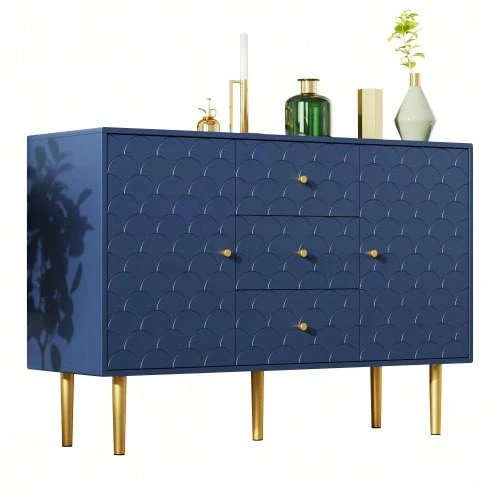 (=905467AAB) Chest Of Drawers/Sideboard With 2 Doors And 3 Drawers, Adjustable Shelf, For Living Room/Bedroom, Navy Blue, H 83/W 120/D 40 Cm - Navy Blue - View 1
