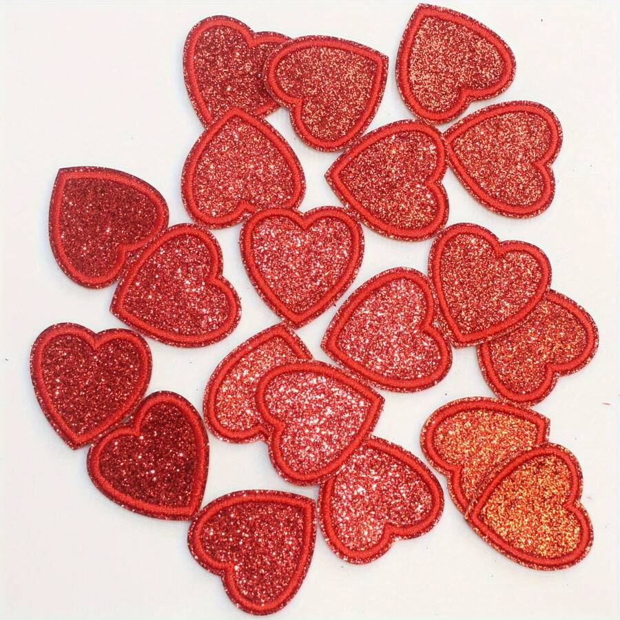 20-Pack Red Glitter Heart-Shaped Iron-On Embroidered Patches, DIY Fabric Appliques For Clothing, Hats, Bags, Shoes - Sparkling Decoration Accessories - Multicolor - View 1