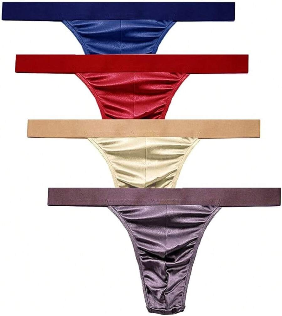 Men's Satin Stretch Support Wide Waistband Satin Briefs Thong G-String 4 Pcs/PackChristmas C8QJ - Quần lót dây kiểu 3 - Xem 1