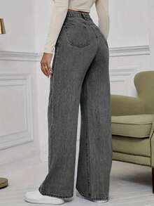 Women's Mid Waist Non Elastic Casual Loose Straight Leg Denim Pants Suitable For Daily Commuting And Home Wear - Màu xám đen - Xem 4