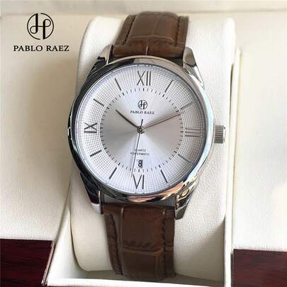 Pablo Raez 1pc Men's Fashion Watch, SUS304 Stainless Steel Silver IPS Case, Roman Numeral & Bar Scale Dial, Date, Minimalist Design Dial, Brown Faux Leather Strap, Casual Water Resistant Quartz, Suitable For Work, School, Daily Life, Gift For Men, Business Luxury