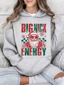 Christmas Winter Black Hoodie With Big Nick Energy Santa Claus Print - Christmas Holiday Sweatshirt For Women, Festive Xmas Fit, Ugly Sweater Style, Perfect For Winter Parties And Holiday CelebrationsLoose And Comfortablechristmas Gifts - 灰色 - 查看 1