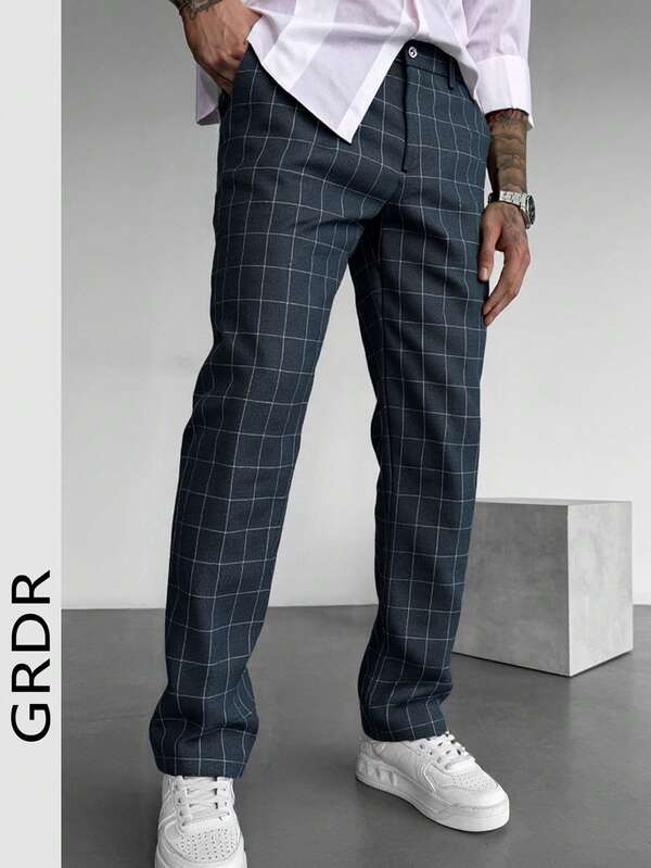 Pantalones casuales con bolsillo sesgado a cuadros para hombres, pantalones slim fit para hombres, pantalones rectos de traje casuales con estampado, adecuados para salidas, reuniones con amigos, estilo urbano casual y viajes diarios