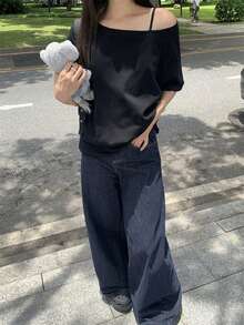纯色短袖T恤，宽松不对称领口，轻薄透气，休闲黑色夏季上衣 - 黑色 - 查看 4