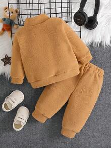 2pcs Baby Boy Fashionable Plush Bear Embroidered Collar Zip-Up Top And Pants Set, Comfortable - Brown - View 2