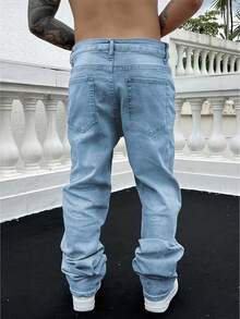 Jeans vaqueros de mezclilla azul claro de corte slim y elásticos para hombre - Azul lavado medio - Ver 3