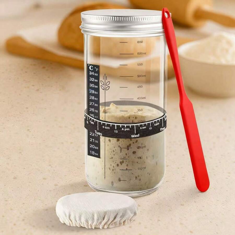24oz Glass Sourdough Fermentation Crock With Metal Lid, Thermometer, Feeding Schedule Label, Dough Scraper, Cloth Cover - Beginner-Friendly Gluten-Free Sourdough Fermentation Tool!