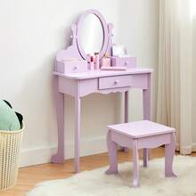 Kid-Sky Kinder Kosmetikspiegel mit verstellbarem Spiegel – Schminktisch Set für Mädchen mit Spiegel, Hocker und Holz-Kosmetik-Set für fantasievolles Puppenspiel - Mauve - Übersicht 1