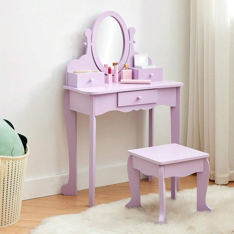 Kid-Sky Kinder Kosmetikspiegel mit verstellbarem Spiegel – Schminktisch Set für Mädchen mit Spiegel, Hocker und Holz-Kosmetik-Set für fantasievolles Puppenspiel - Mauve - Übersicht 1