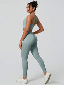 NcmRyu 3件套女士无缝修身立领双面拉链罗纹运动文胸、运动裤、长袖外套套装 - 薄荷藍 - 查看 8