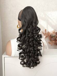 22 pulgadas Extensiones de cabello sintético ondulado y resistente al calor con coleta negra/marrón y clip con cordón, adecuado para uso diario de mujeres - Negro natural - Ver 4