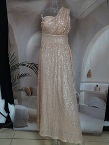 Women Shiny Elegant One Shoulder Evening Gown, Wedding Party Dress, Formal Prom Dress, For Wedding Guest, Graduation, Dinner - Champagne - View 1