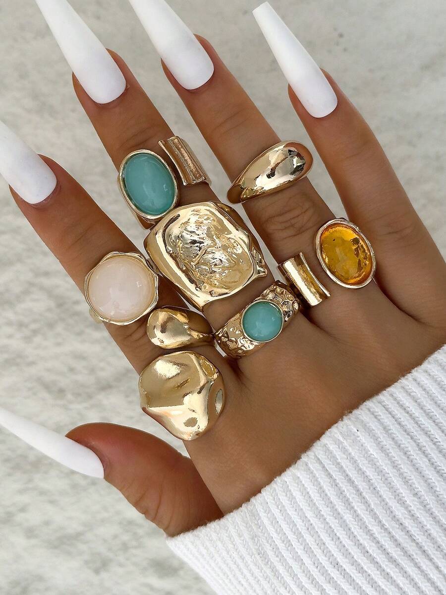7pcs/Set Minimalist Luxury Metal Alloy & Pearl Geometric Creative Unique Women Jewelry Ring Set, Perfect Gift For Daily Wear & Any Occasion