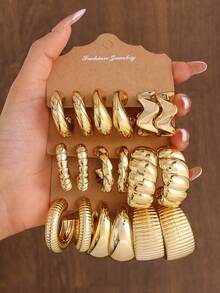 1 Set Fashionable Minimalist Geometric Pattern CCB Earrings Set, Suitable For Daily Wear - Yellow Gold - View 2