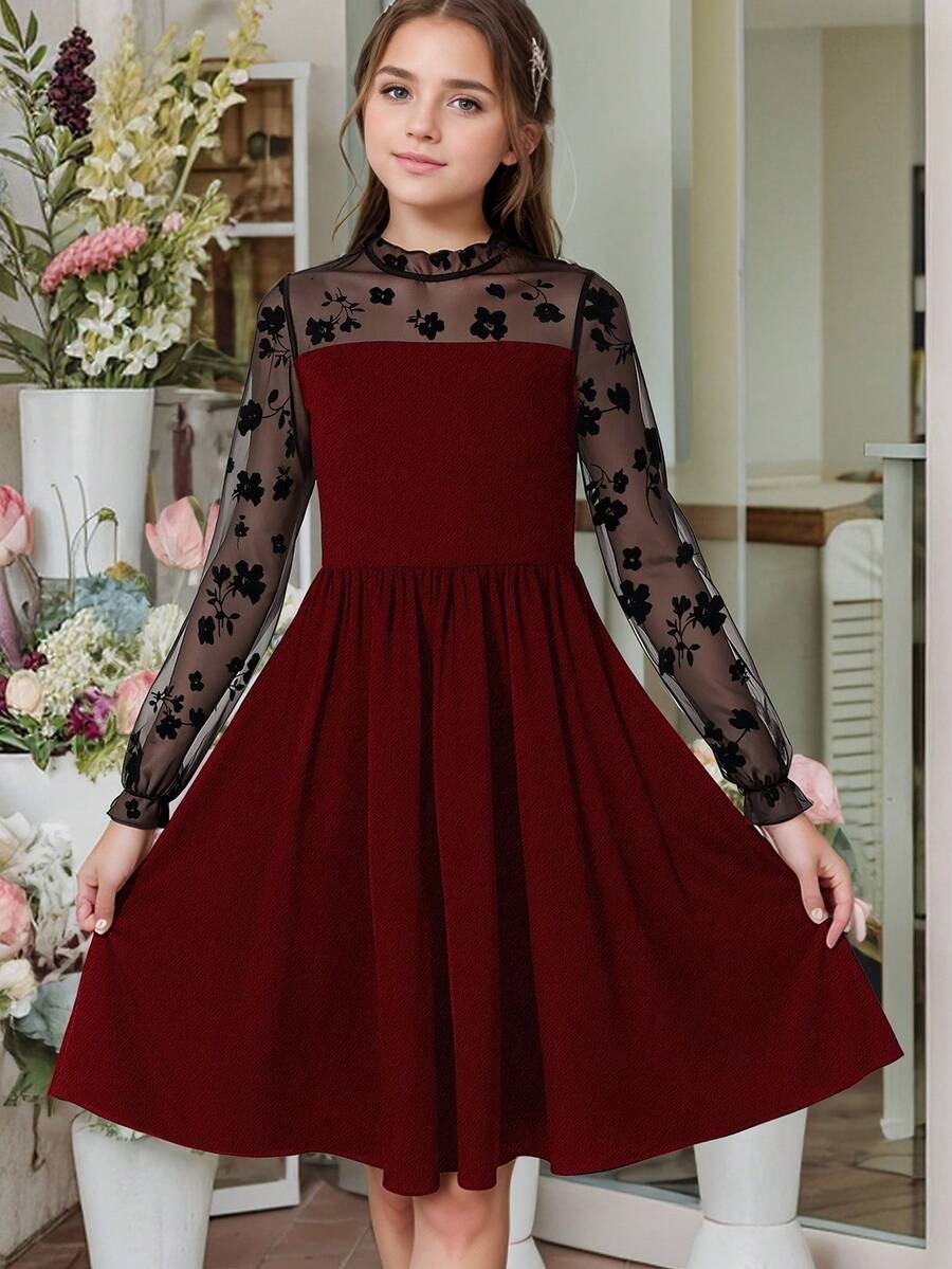 Kilottor Tween Girls Floral Mesh Patchwork Party Dress - Burgundy - View 1