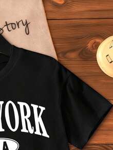 女童字母印花短袖T恤 - 黑色 - 查看 4