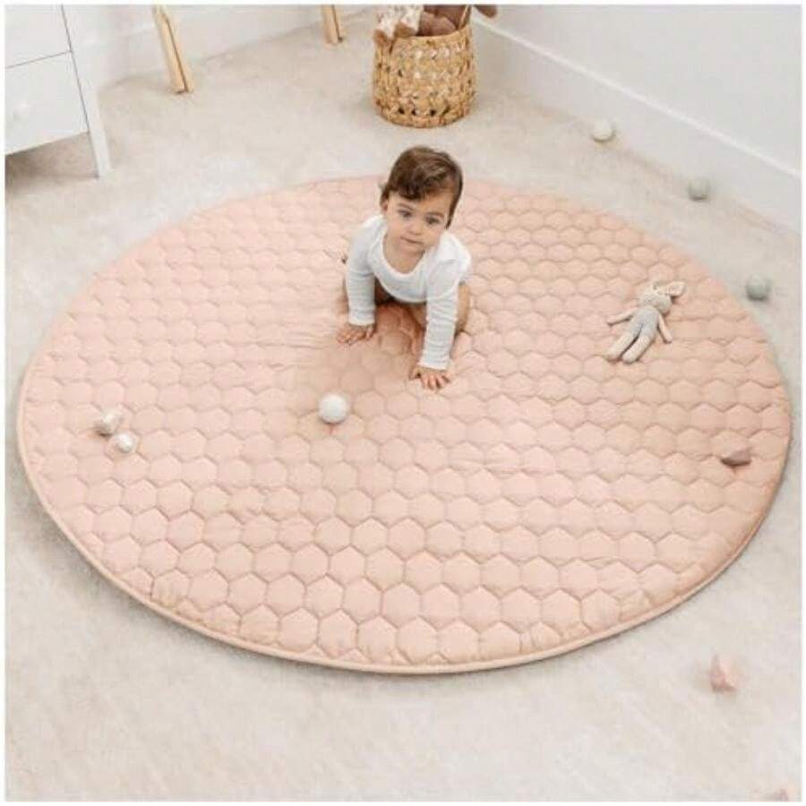 Rectangle Kids Play Mat - Medium 48 x 72 inches Soft Quilted Baby Floor Mat with Non-Slip Bottom - Plush Design for Toddlers Playtime and Relaxation - Comfortable and Durable -(Blush Round - 153 cm) - Multicolor - Ver 1