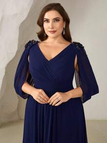 EVERPRETTY Plus Size V Neck Navy Long Formal Dress For Women With Half Petal Sleeves Vintage Glamorous Party Dress, Flattering Flared Hem Evening Dresses - Navy Blue - View 6