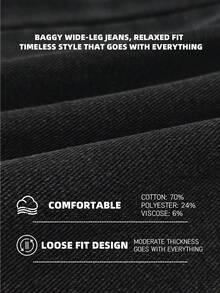 1pc Vintage Washed Loose Fit Wide Leg Men's Jeans, Non-Stretch, Suitable For Casual And Work Wear - Black - View 9