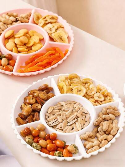 1 pieza Bandeja de servicio de aperitivos de fiesta redonda, plato de aperitivos, cuenco de aperitivos, bandeja de cuenco de aperitivos de varios niveles, recipiente para nueces, dulces, frutas, bandeja de aperitivos de plástico reutilizable con 5 compartimentos para el hogar y el restaurante, Año Nuevo, Día de San Valentín, Fiesta