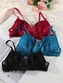 3pcs Lace Contrast Color Elegant Lightweight Padded Underwire Bra Set - Multicolor - View 2