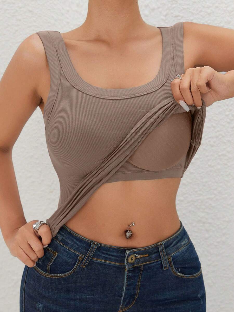 EssElegance, Sports Bra Tank Top With Removable Padded - Seamless Wire-Free Design For All Seasons, Yoga, Running, And Fitness Tank Top With Built In Bra - 摩卡棕 - 查看 1