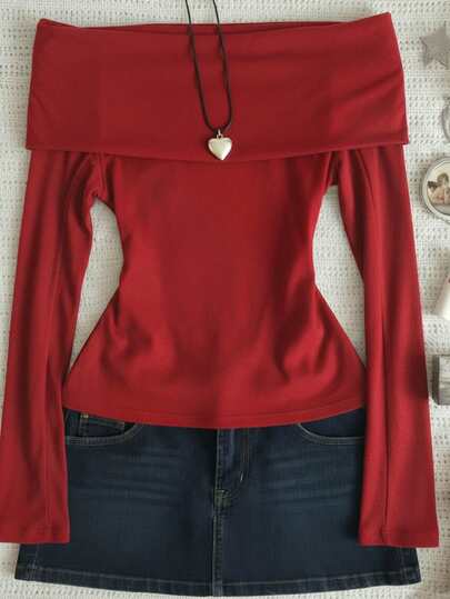Casual Solid Color Off Shoulder Long Sleeve Top, Autumn