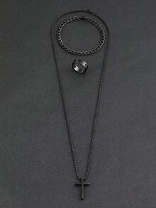 3pcs Men's Fashion Versatile Stainless Steel Jewelry Set, Black Cross Necklace, Bracelet And Ring,The Best Jewelry For Gift Giving Christmas New Year Valentine's Day Holiday Gift - Multicolor - View 1