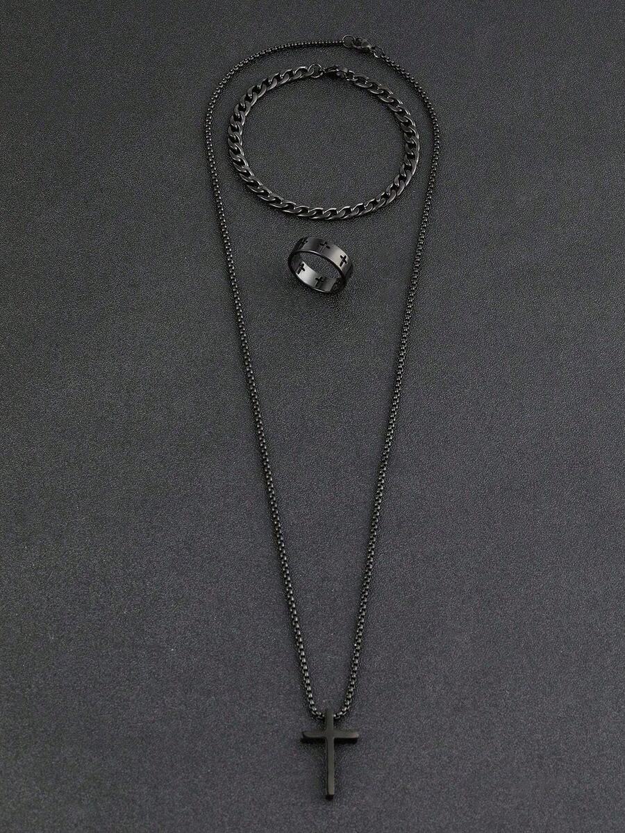 3pcs Men's Fashion Versatile Stainless Steel Jewelry Set, Black Cross Necklace, Bracelet And Ring,The Best Jewelry For Gift Giving Christmas New Year Valentine's Day Holiday Gift - Multicolor - View 1