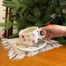 Bộ tách cà phê và đĩa sứ họa tiết hoa và sao nhiều màu sang trọng cổ điển, cốc sứ chịu nhiệt cao, cốc đựng bánh, quà tặng, sử dụng tại văn phòng và gia đình - Hoa nhỏ - Xem 4